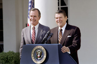 U.S. President Ronald Reagan and U.S. Vice President George H.W. Bush speaking to the press in the