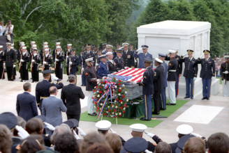 U.S. President Ronald Reagan attending Memorial Day ceremony honoring Vietnam unknown soldier,