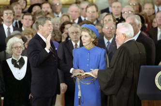 U.S. President Ronald Reagan Being sworn in for a second term by U.S. Chief Justice Warren Burger