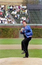 U.S. President Ronald Reagan throwing out the first pitch at a baseball game between the Chicago