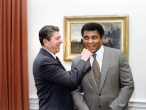 U.S. President Ronald Reagan "punching" American boxer Muhammad Ali in the Oval Office of the White