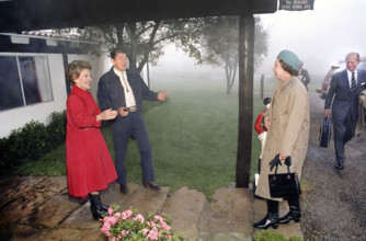 U.S. President Ronald Reagan and U.S. First Lady Nancy Reagan greeting Queen Elizabeth II upon her