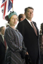 U.S. President Ronald Reagan with Queen Elizabeth II during her arrival ceremony, Santa Barbara
