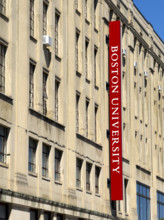 Boston University banner attached to building exterior, Boston, Massachusetts, USA