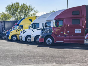 Freight trucks parked at rest area, on Interstate Highway 95,  Stamford, Connecticut, USA