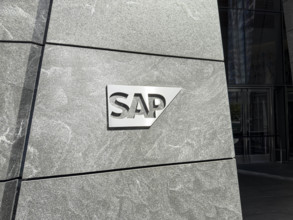 SAP America corporate offices, company sign outside building headquarters, 10 Hudson Yards,