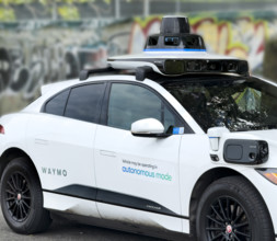 Waymo driverless test car, a Jaguar I-PACE electric vehicle, Meatpacking District, Manhattan, New