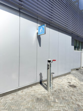 Bicycle tire pump and repair stand along urban bicycle path, Manhattan, New York City, New York,
