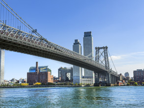 View of Williamsburg Bridge, East River and Williamsburg cityscape, Brooklyn, New York City, New