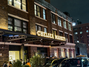 Chelsea Market and street scene at night, Ninth Avenue, Chelsea, Manhattan, New York City, New