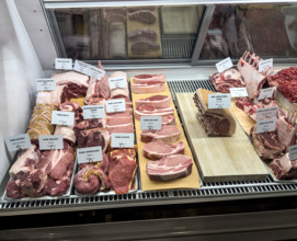Raw meat display case, Dickson's Farmstand Meats, Chelsea Market, Chelsea, Manhattan, New York