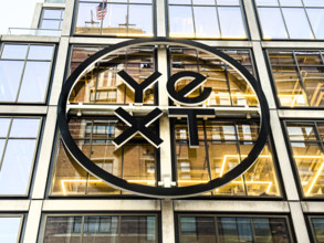 YEXT corporate headquarters, building exterior detail, low angle view, 61 Ninth Avenue, Chelsea,