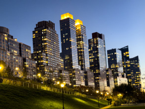 Row of apartment buildings along Riverside Park South at Night, Upper West Side, Manhattan, New