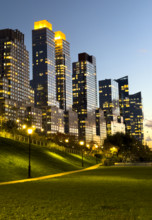 Row of apartment buildings along Riverside Park South at Night, Upper West Side, Manhattan, New
