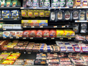 Packaged meat section at grocery store