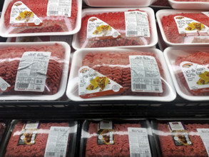 Ground beef display at grocery store