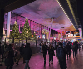 Crowd outside Madison Square Garden entrance at night, Seventh Avenue, Manhattan, New York City,