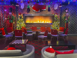 Hotel lobby sitting area with festive Christmas decorations