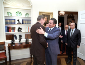 U.S. President Ronald Reagan meeting with President Hosni Mubarak of Egypt in the Oval Office of