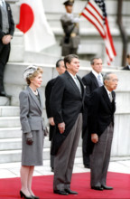 U.S. President Ronald Reagan, U.S. First Lady Nancy Reagan and Japanese Emperor Hirohito at Akasaka