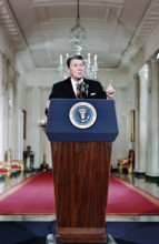 U.S. President Ronald Reagan during his 24th press conference in The East Room of the White House,