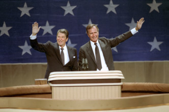 U.S. Vice President George H.W. Bush and U.S. President Ronald Reagan at podium after acceptance