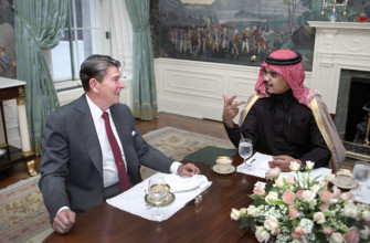 U.S. President Ronald Reagan at private breakfast meeting with Prince Bandar Ibn Sultan Al Saud