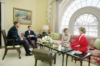 U.S. President Ronald Reagan and U.S. First Lady Nancy Reagan having tea with Prince Charles and