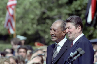 U.S. President Ronald Reagan and Egyptian President Anwar El Sadat on the White House south lawn at