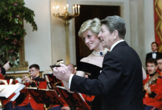 U.S. President Ronald Reagan dancing with Princess Diana in Cross Hall of the White House,