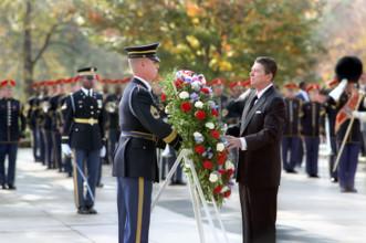 U.S. President Ronald Reagan laying wreath at Tomb of The Unknown Soldier, Arlington National