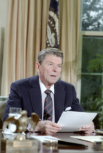 U.S. President Ronald Reagan speaking to the nation on the space shuttle Challenger, Oval Office,