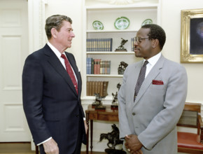 U.S. President Ronald Reagan in the White House Oval Office during farewell photo opportunity with