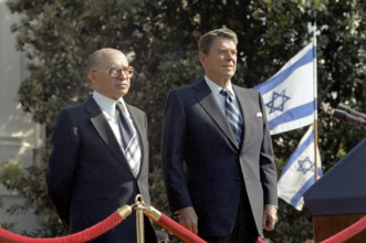 U.S. President Ronald Reagan and Prime Minister Menachem Begin of Israel  during Begin's arrival