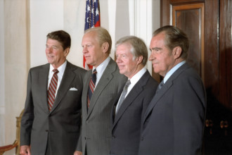 U.S. President Ronald Reagan with former U.S. Presidents Gerald Ford, Jimmy Carter and Richard