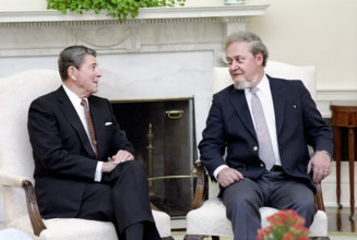 U.S. President Ronald Reagan meeting with Judge Robert Bork in the White House Oval Office,