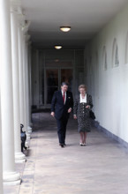 U.S. President Ronald Reagan and British Prime Minister Thatcher walking along White House