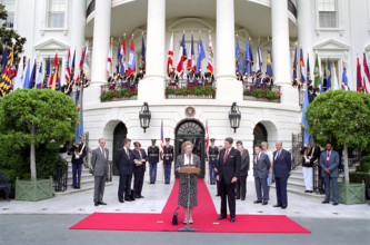 British Margaret Thatcher making departure remarks at White House diplomatic entrance while U.S.