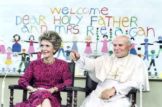 U.S. First Lady Nancy Reagan and Pope John Paul II during visit to Immaculate Conception School,