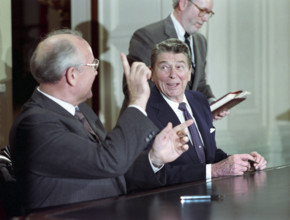 U.S. President Ronald Reagan and Soviet General Secretary Mikhail Gorbachev during signing of INF