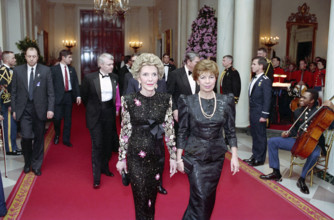 U.S. First Lady Nancy Reagan walking with First Lady of the Soviet Union Raisa Gorbachev in White