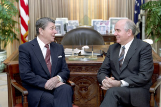 U.S. President Ronald Reagan and Soviet General Secretary Mikhail Gorbachev having meeting in the
