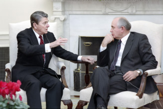 U.S. President Ronald Reagan and Soviet General Secretary Mikhail Gorbachev having meeting in the