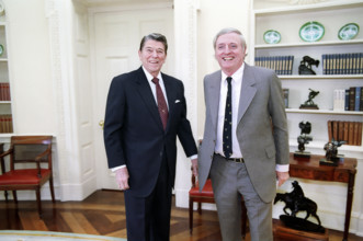 U.S. President Ronald Reagan meeting with William F Buckley in White House Oval Office, Washington,