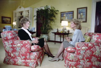 U.S. First Lady Nancy Reagan seated with American journalist Barbara Walters during interview in