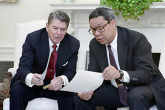 U.S. President Ronald Reagan holding a National Security Council meeting on the Persian Gulf with