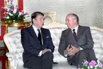 U.S. President Ronald Reagan and Soviet General Secretary Mikhail Gorbachev at first meeting during