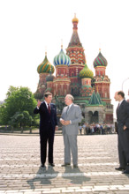 U.S. President Ronald Reagan and Soviet General Secretary Mikhail Gorbachev in Red Square during