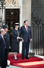 U.S. President Ronald Reagan and British Prime Minister Margaret Thatcher outside 10 Downing