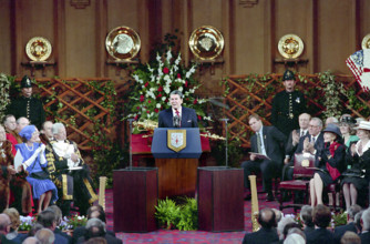 U.S. President Ronald Reagan giving speech to members of The Royal Institute of International